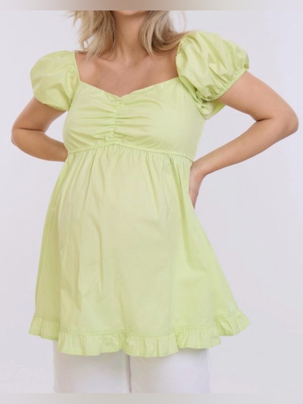 NEW Motherhood Maternity Pregnancy Puff Sleeve Babydoll Top Blouse Soft Lime L